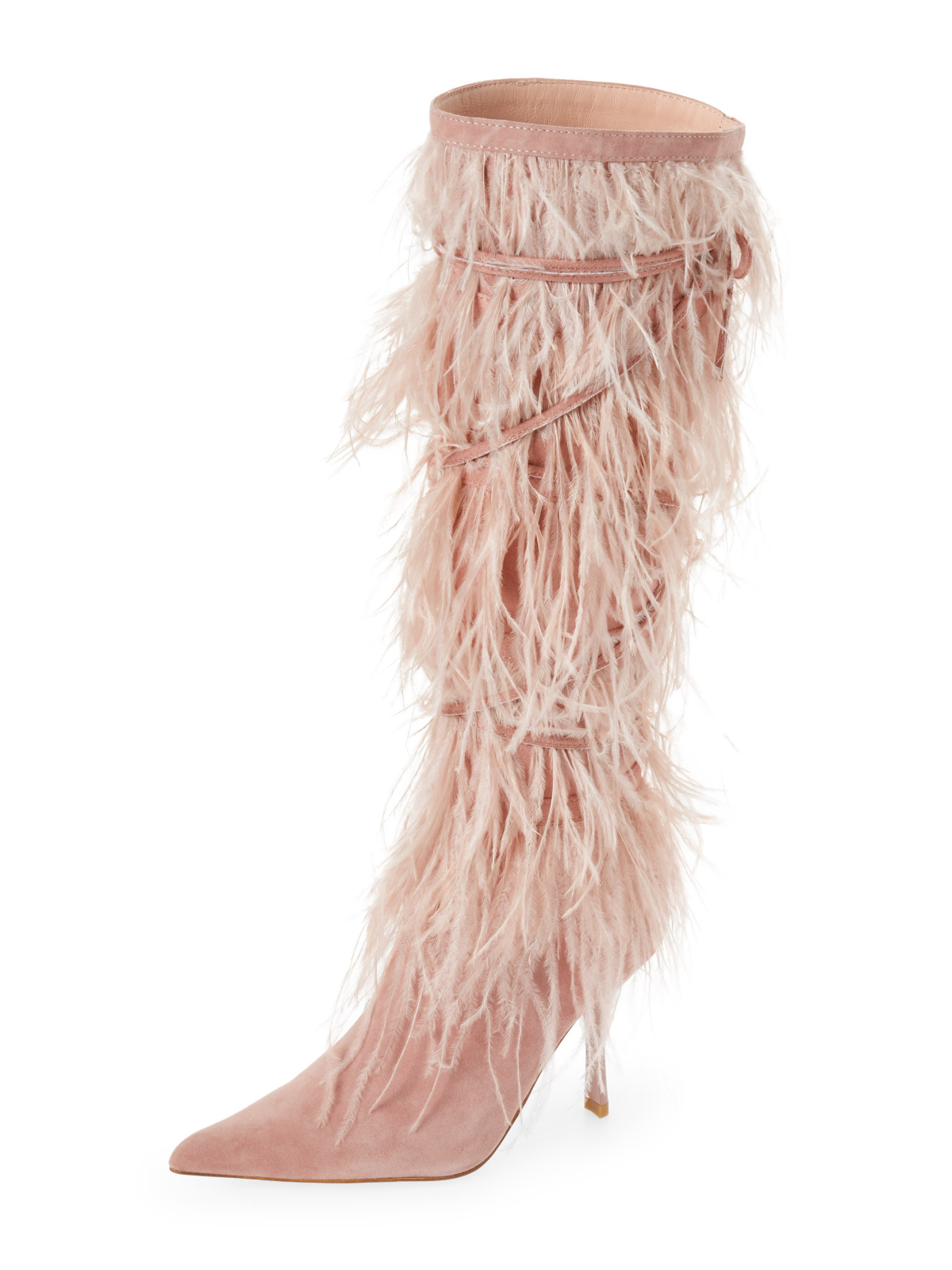 Faux Suede Pointed-Toe Faux Feather Wide Mid Calf Stiletto Boots - Pink