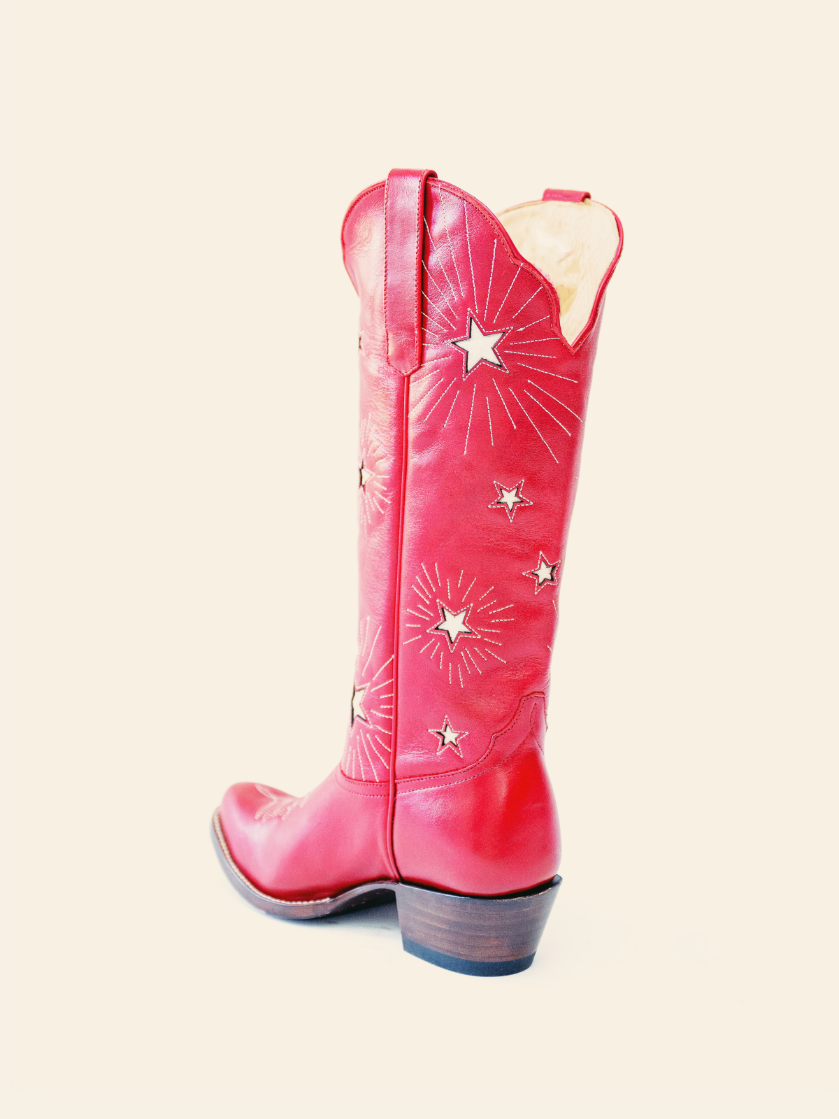 Red Burst Star Inlay Stitch Almond-Toe Wide Mid Calf Western Cowgirl Boots