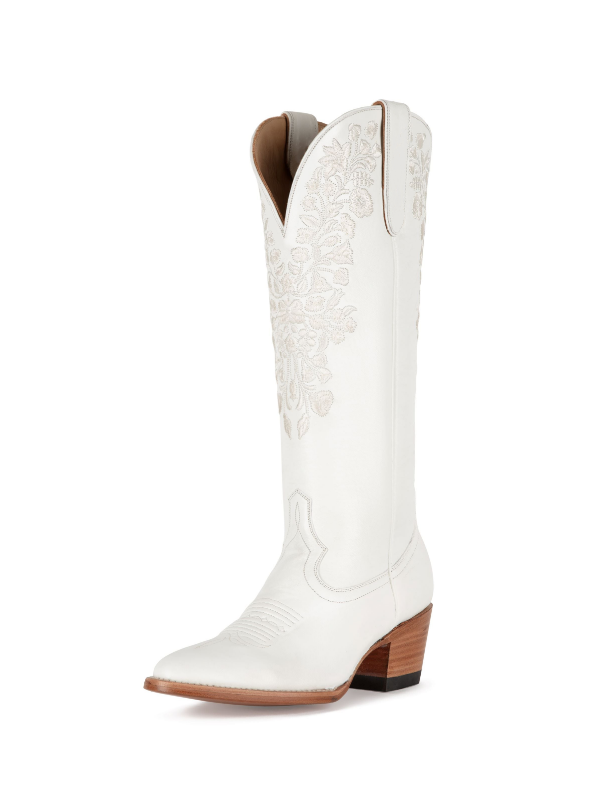 White Floral Embroidery Round-Toe Wide Mid Calf Cowboy Tall Boots For Women