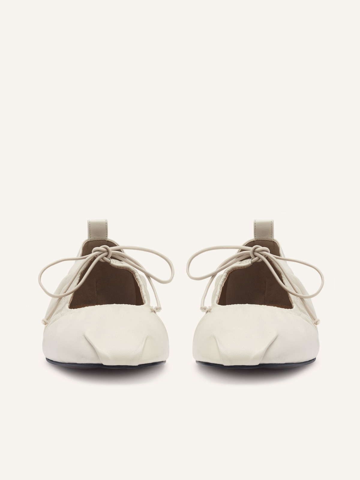 Cream Tied Bow Shirring Round Toe Ballet Flats