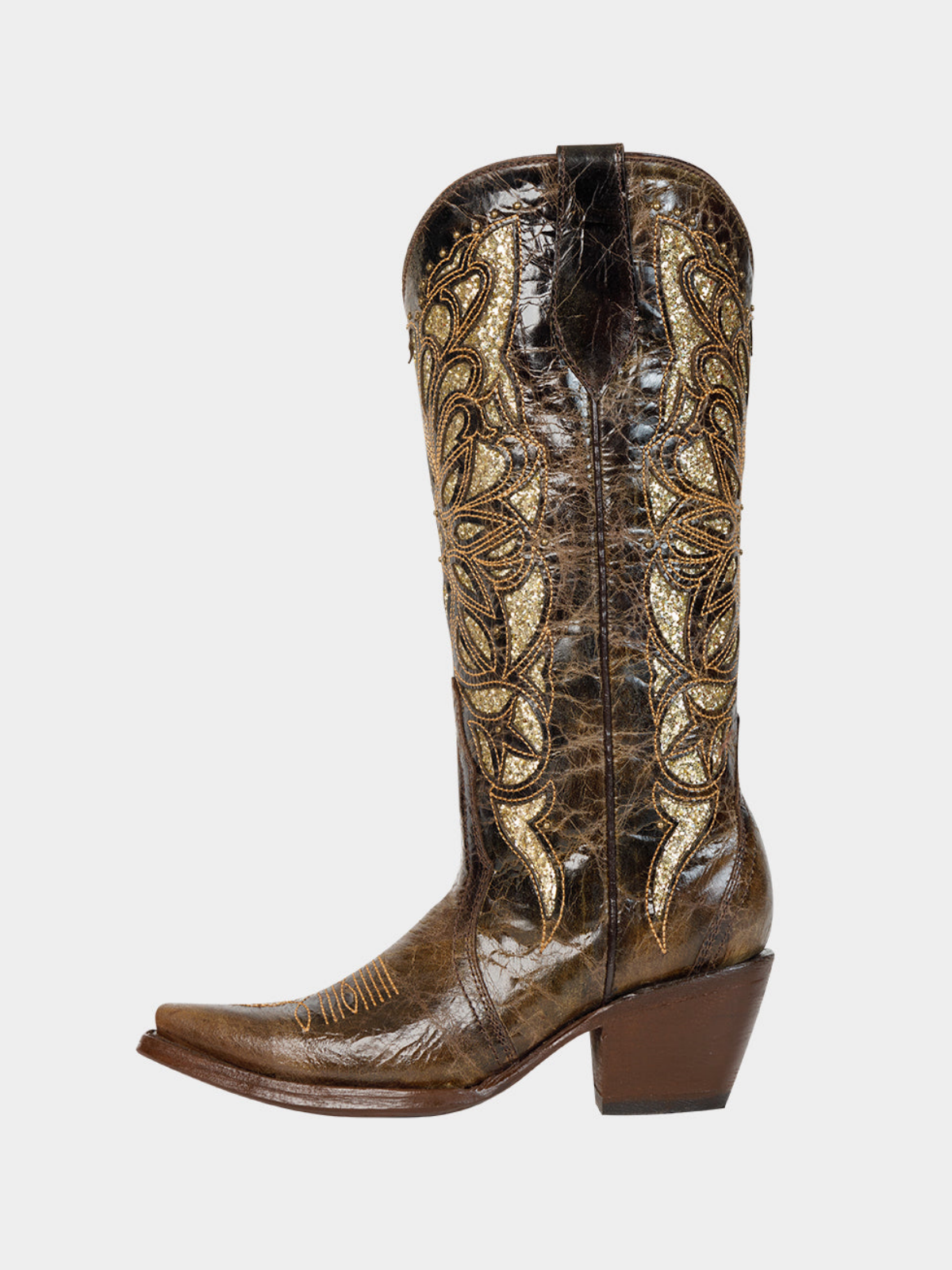 Distressed Chocolate Snip-Toe Studded Embroidery Glitter Inlay Wide Mid Calf Tall Cowgirl Boots