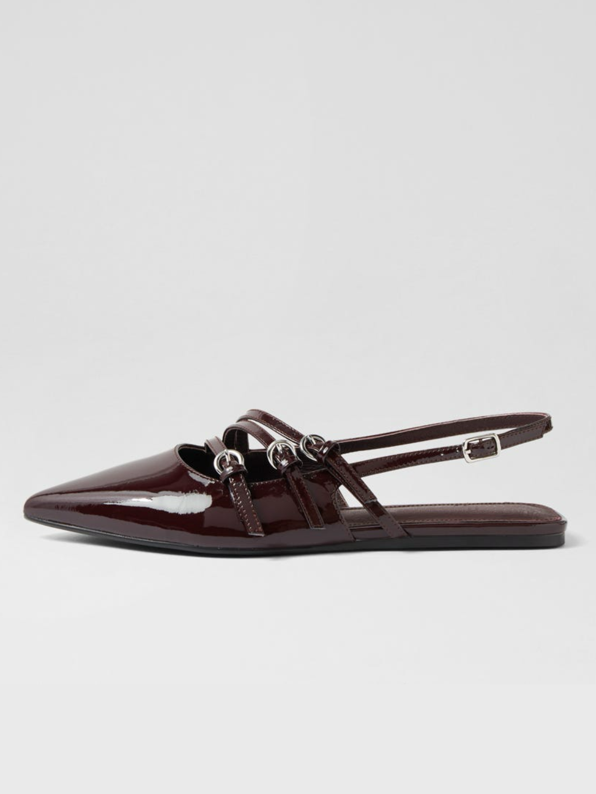 Burgundy Patent Pointed-Toe Flats With Buckled Slingback