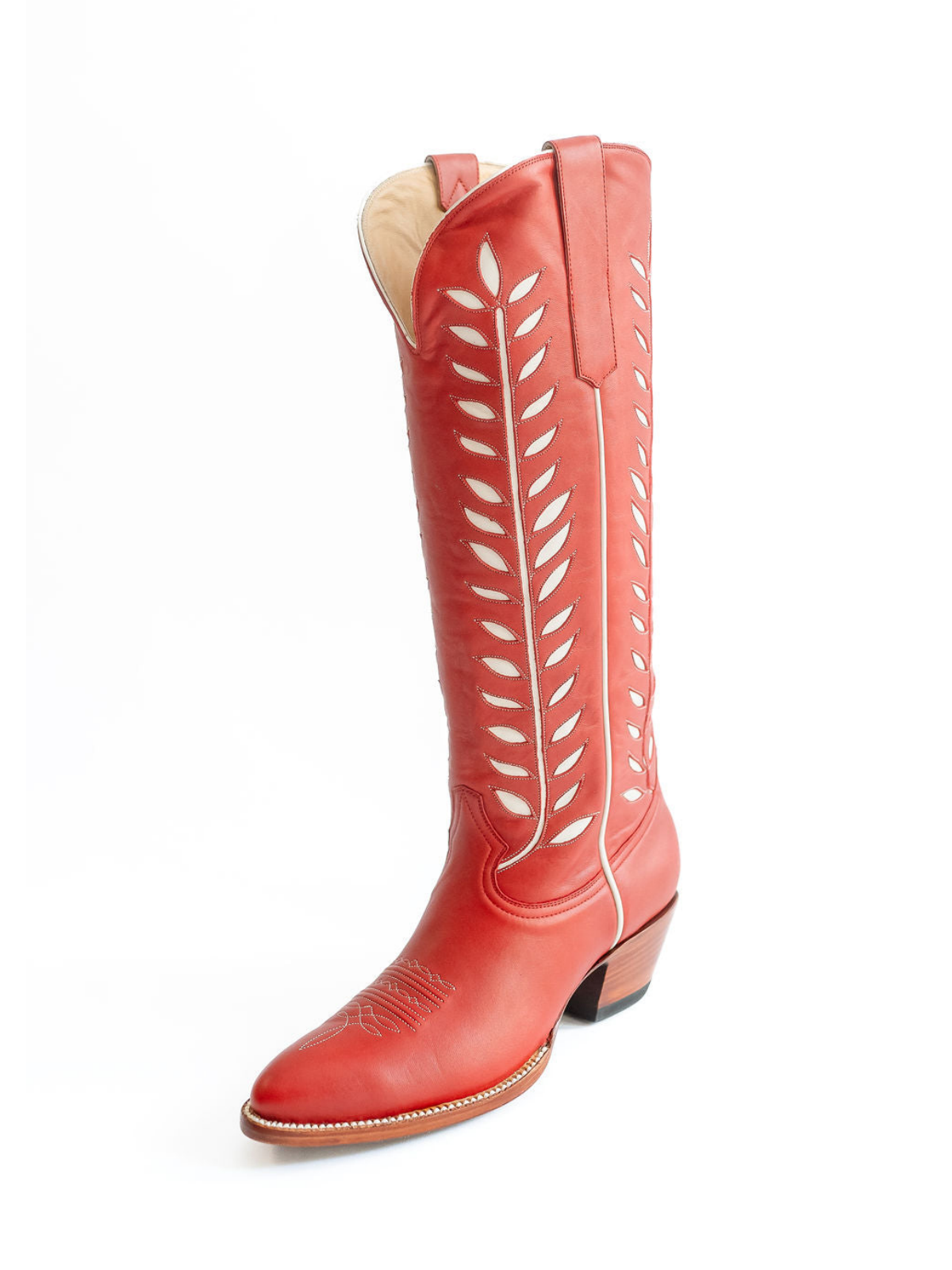 Almond-Toe Ivory Leaves Inlay Wide Calf Tall Knee High Cowgirl Boots - Red