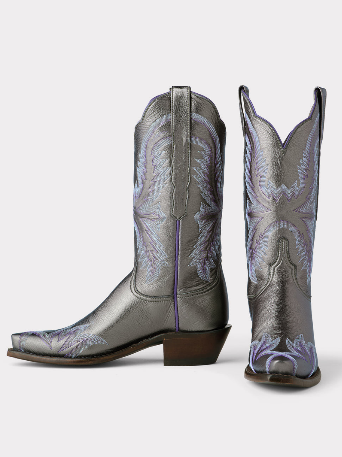 Metallic Pewter Snip-Toe Embroidery Wide Mid Calf Tall Cowgirl Boots