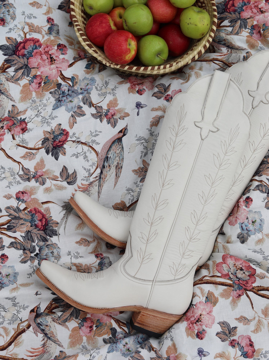 Snip-Toe Leaves Embroidery Wide Calf Knee High Cowgirl Boots - Ivory