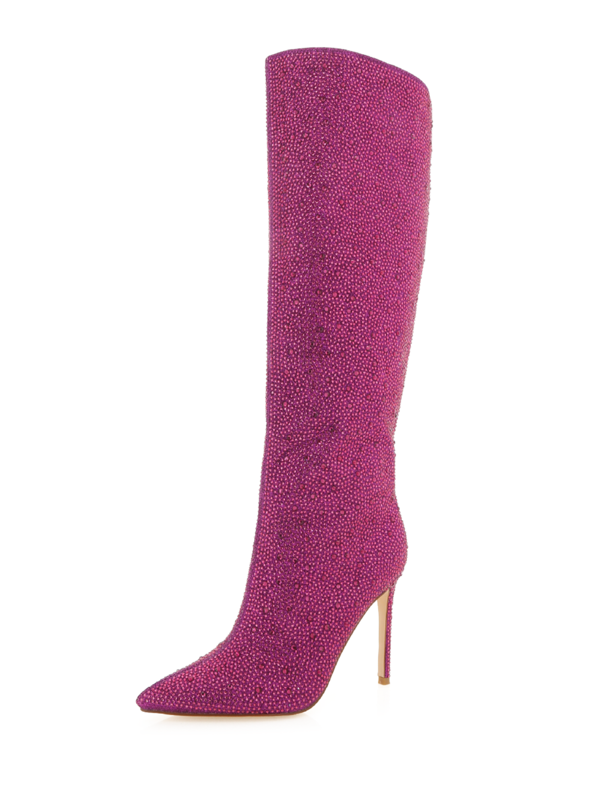 Metallic Fuchsia Pointed-Toe Rhinestone Wide Mid Calf Stiletto Boots