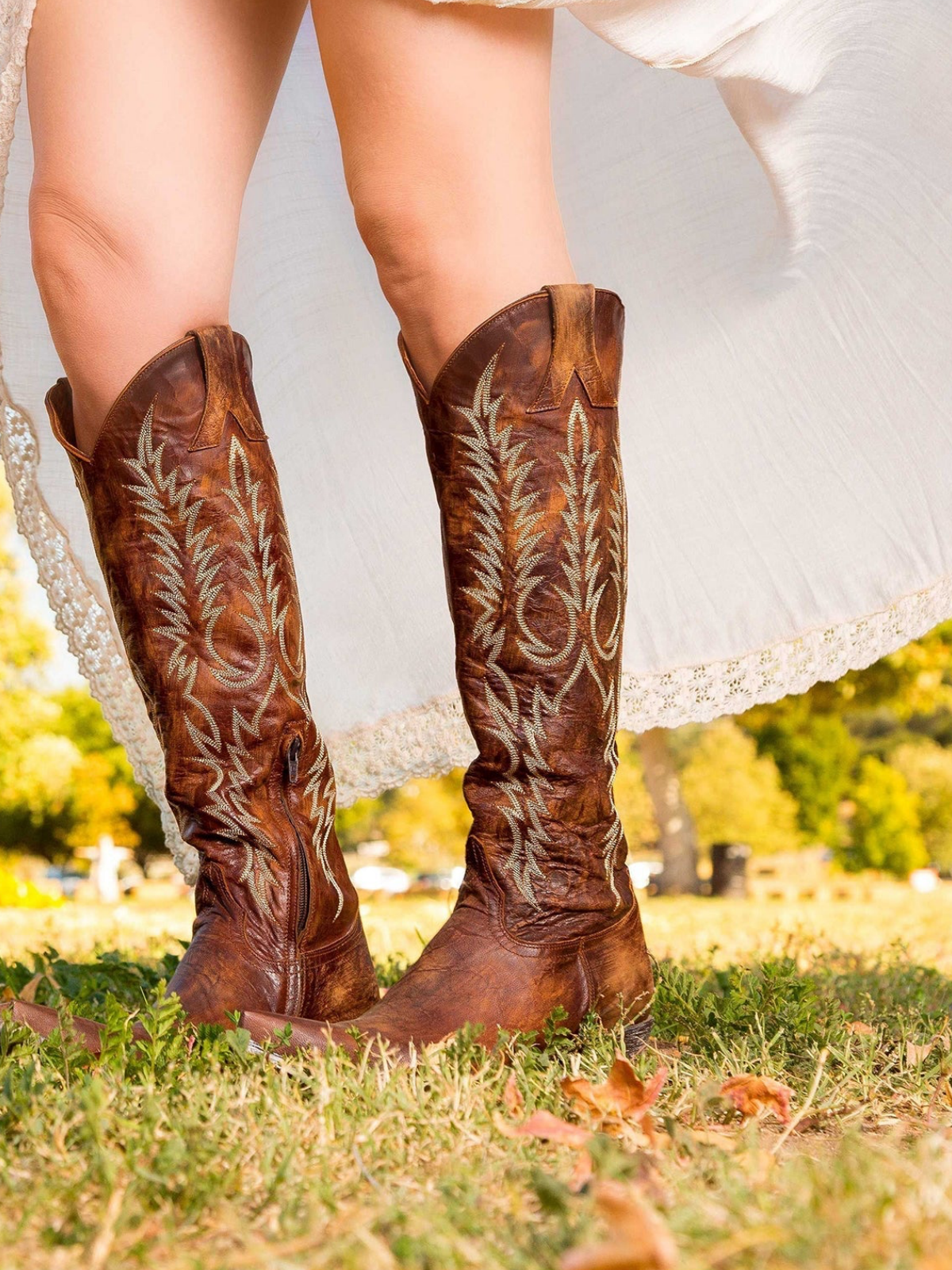 Embroidery Half-Zip Snip-Toe Tall Knee High Cowgirl Boots - Distressed Brown