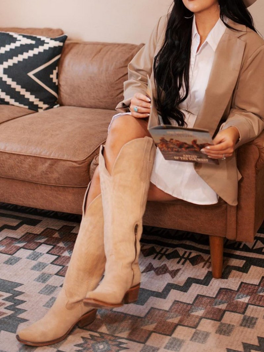 Bone Faux Suede Snip-Toe Half-Zip Embroidery Knee High Cowgirl Boots