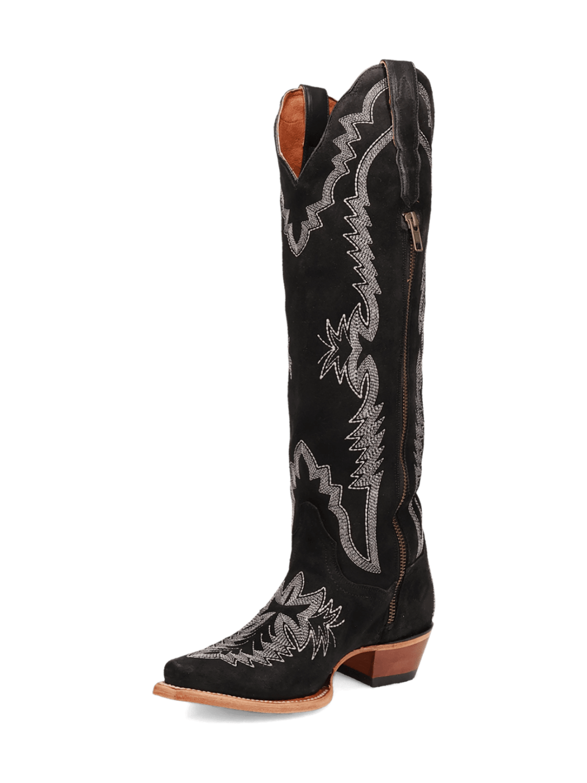 Black Embroidery Faux Suede Snip-Toe Zip Cowgirl Boots Knee High Tall Boots