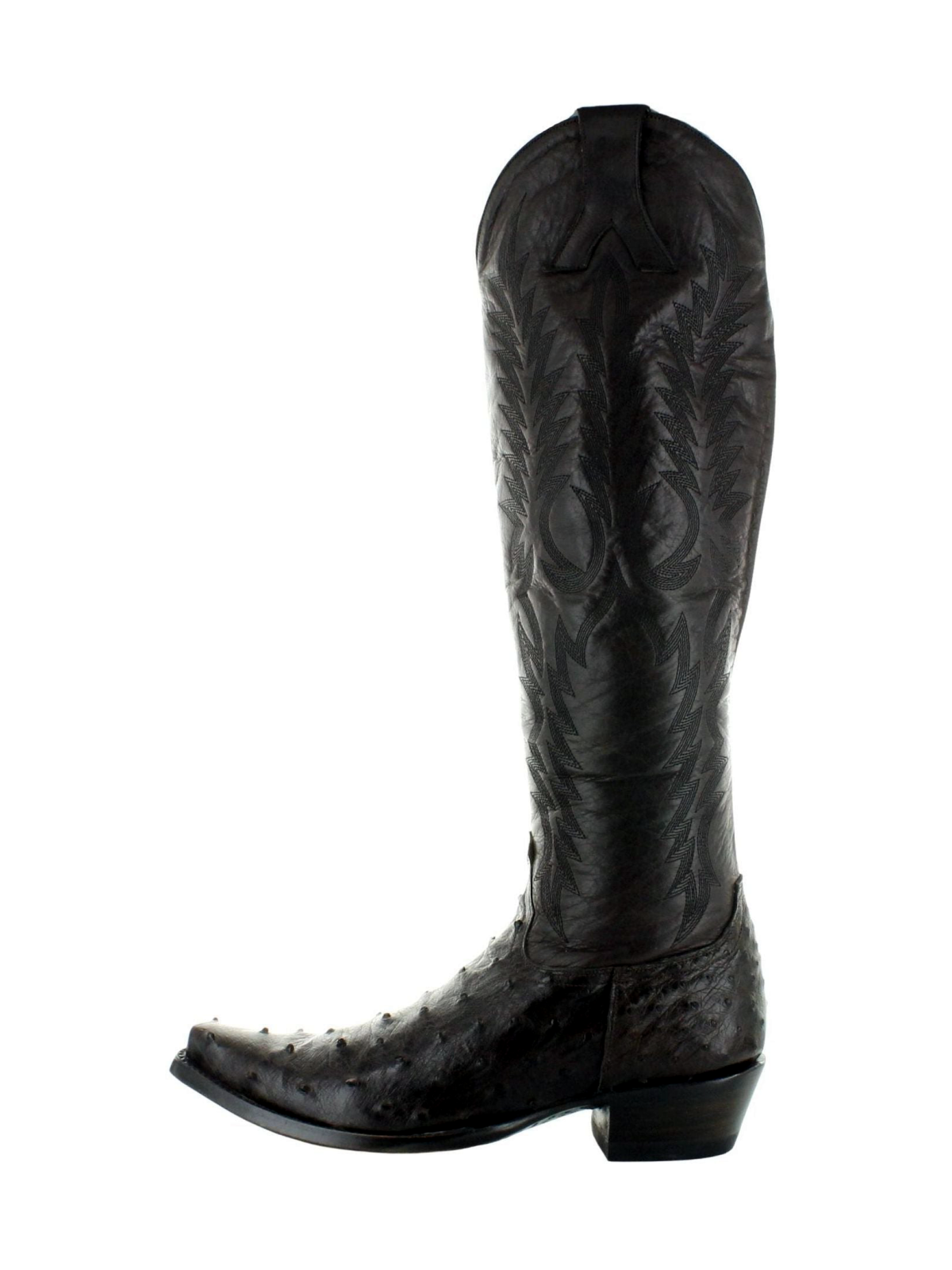 Chocolate Contrast Vegan Leather And Ostrich-Textured Snip-Toe Embroidery Half-Zip Knee High Cowgirl Boots