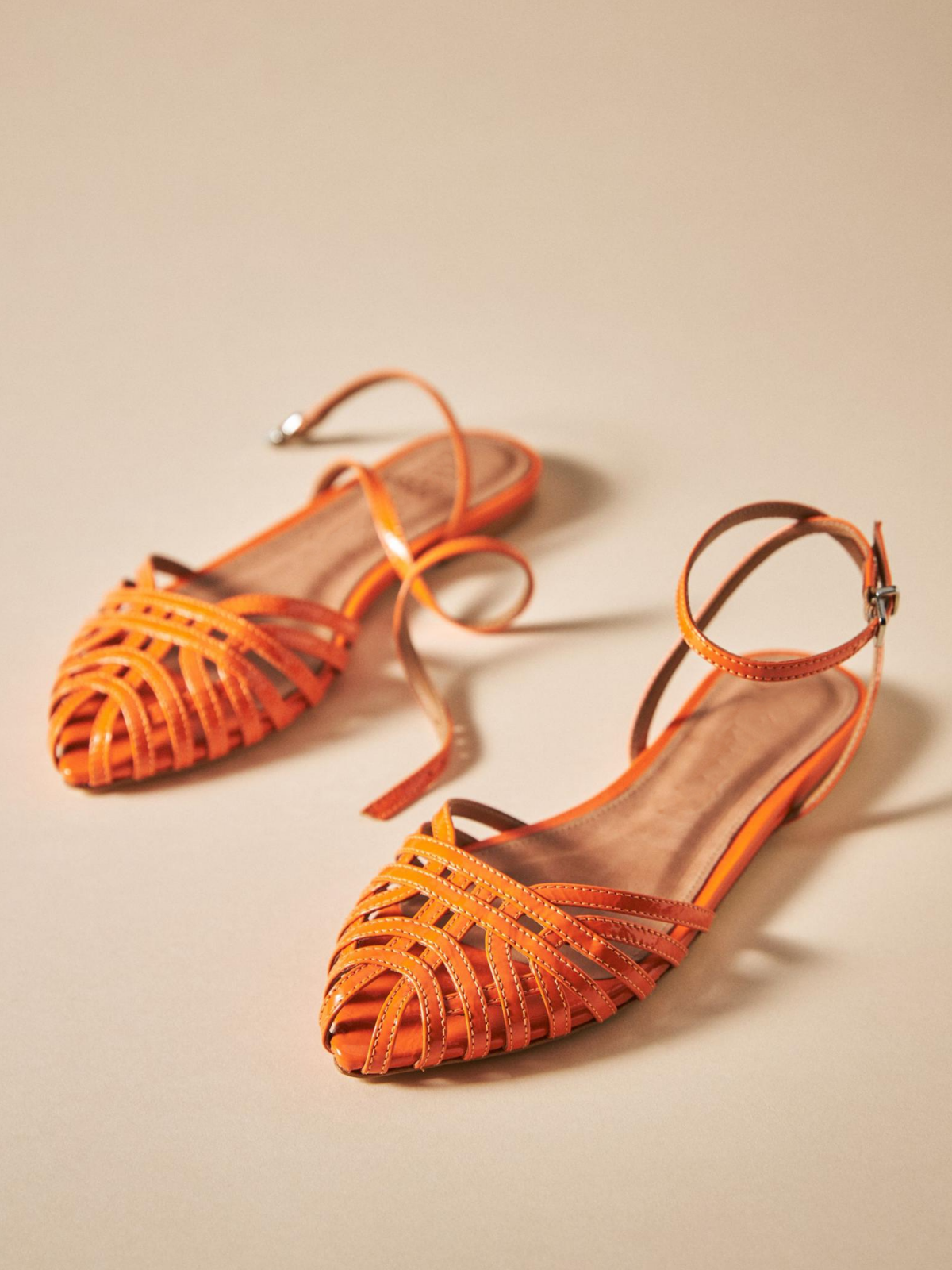 Orange Strappy Flats Pointy Closed Toe Sandals With Wrap Ankle Strap