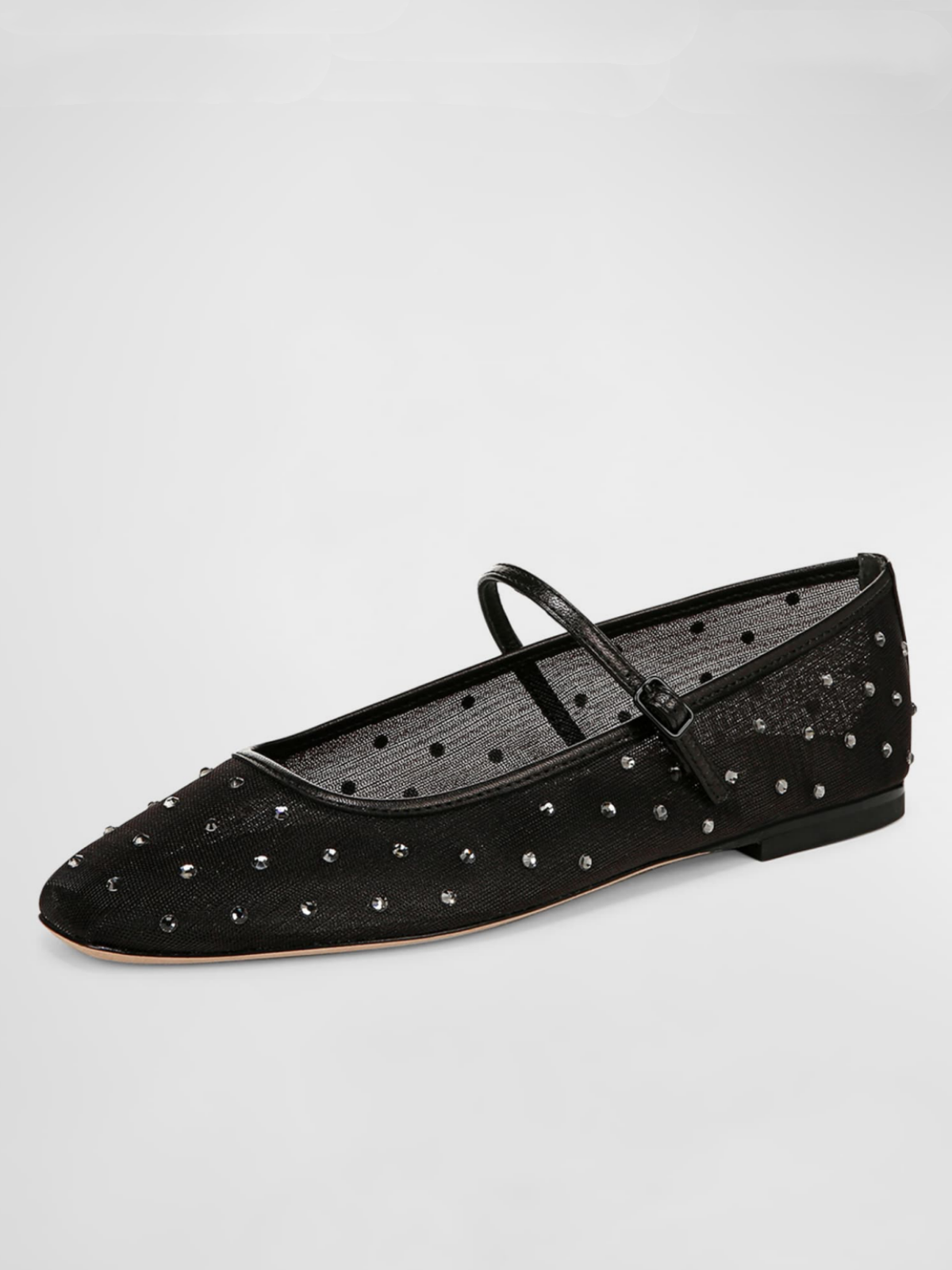 Black Rhinestone-Embellished Square-Toe Mesh Ballet Flats Mary Janes