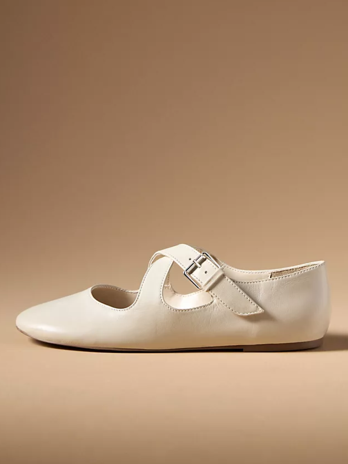 Cream Buckled Cross Strap Round-Toe Mary Janes Flats