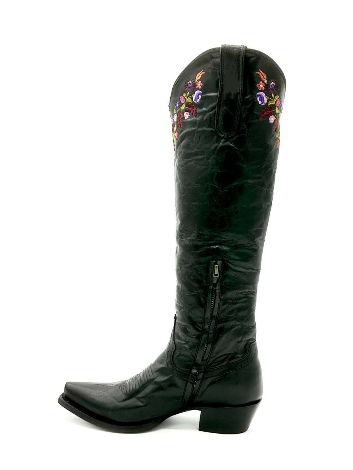 Distressed Black Snip-Toe Colorful Floral Embroidery Half-Zip Tall Knee High Cowgirl Boots