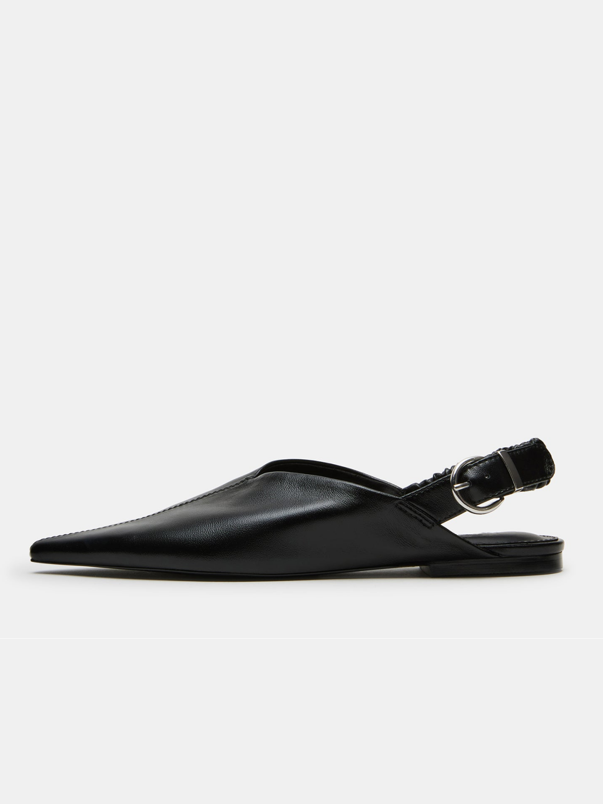 Black Pointed-Toe Ruched Slingback Ballet Flats