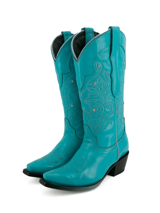 Turquoise Snip-Toe Embroidery Rhinestone Wide Mid Calf Tall Cowgirl Boots