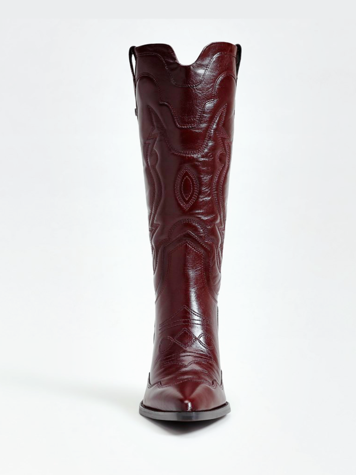 Wine Red Pointed-Toe Classic Embroidery Wide Mid Calf Cowgirl Boots