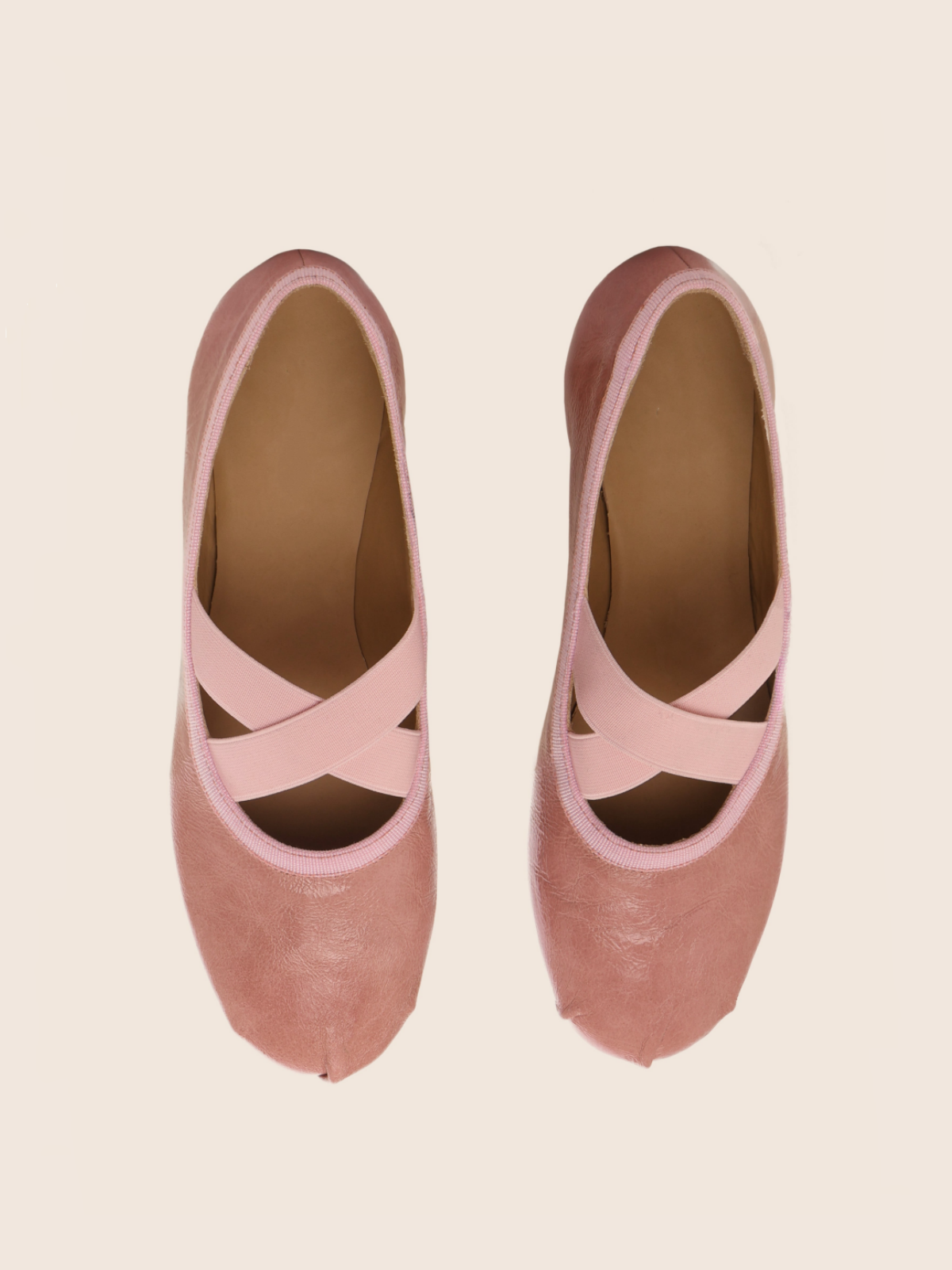 Glossy Dusty Rose Round Toe Ballet Flats With Crossed Strap