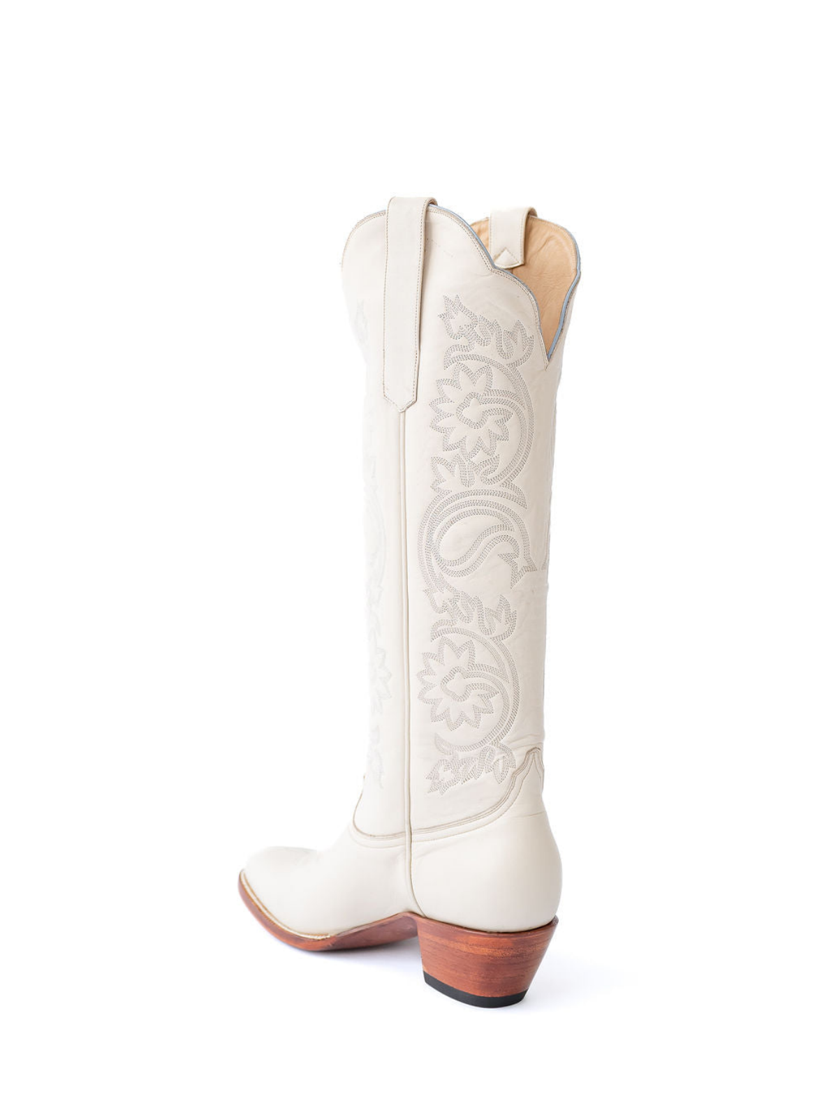 White Floral Embroidery Almond-Toe Wide Calf Cowgirl Boots Knee High Tall Boots