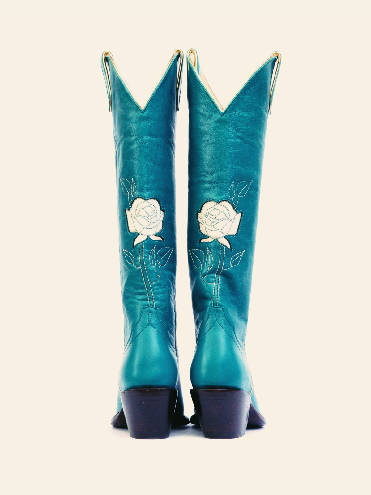 Steel Blue Almond-Toe Cowgirl Wide Calf Boots With White Rose Inlay