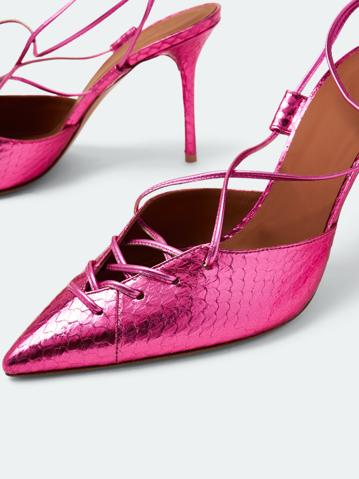 Metallic Pink Snakeskin Lace Up Gladiators Pointy Stiletto Heels Pumps Fuchsia Boots