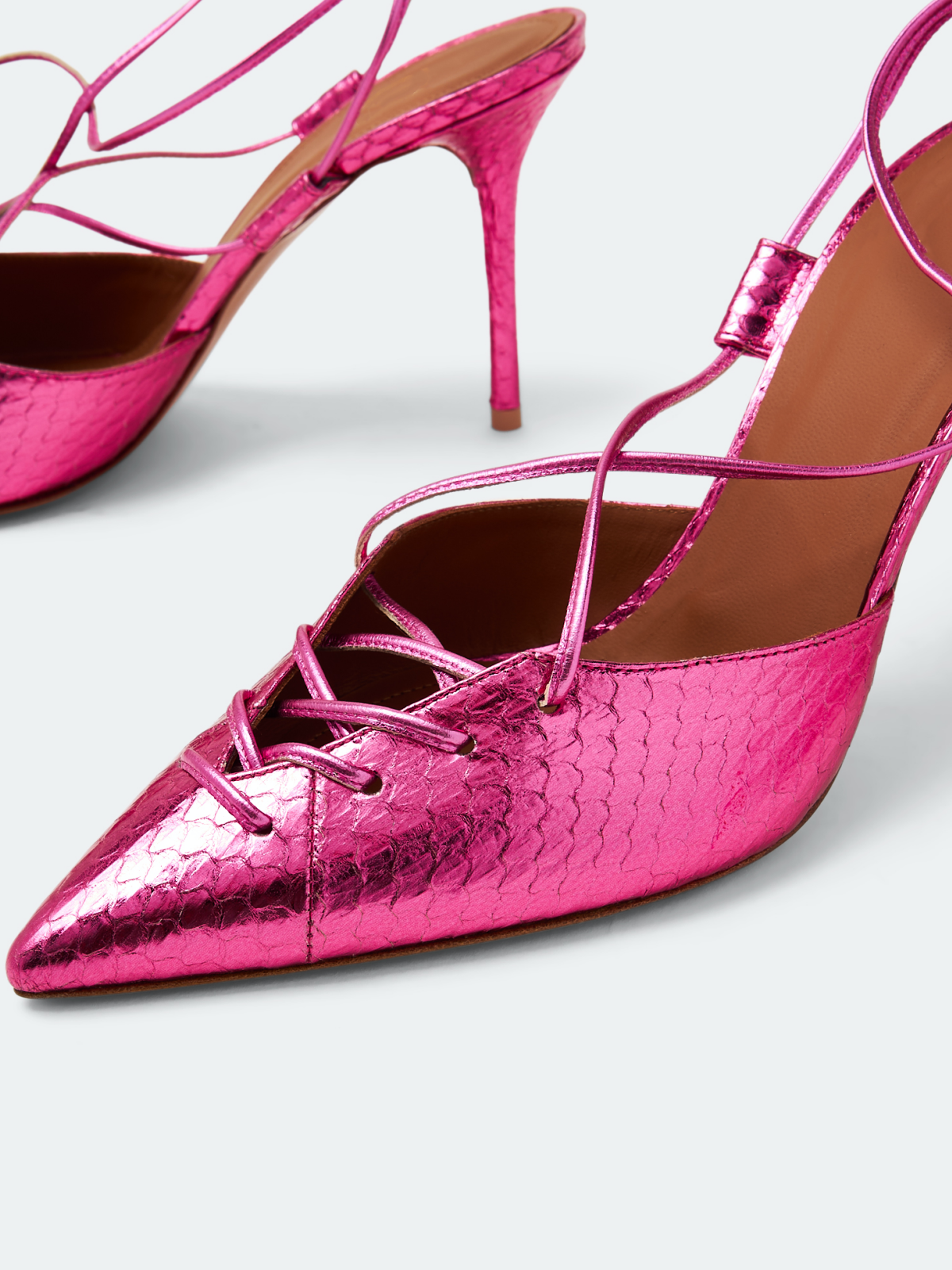 Metallic Pink Snakeskin String Lace Up Gladiators Pointy Stiletto Heels Pumps