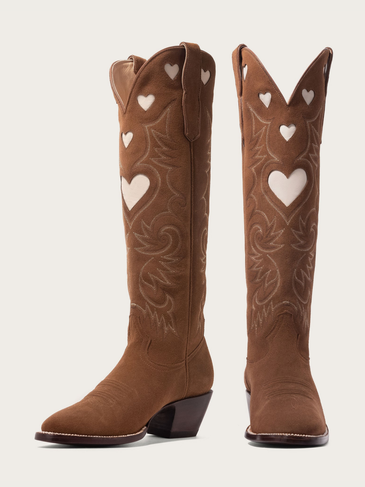 Ivory Heart Inlay Embroidery Almond-Toe Tall Wide Mid Calf Cowgirl Boots - Brown Faux Suede