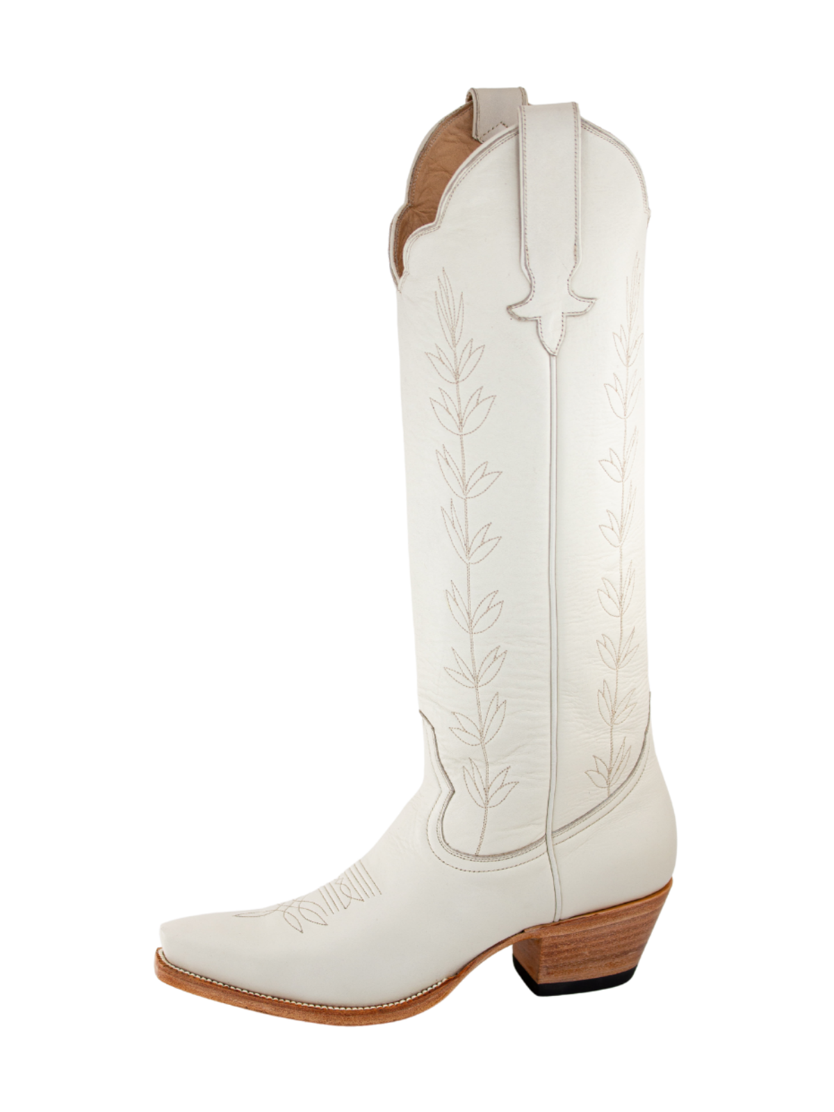 Snip-Toe Leaves Embroidery Wide Calf Knee High Cowgirl Boots - Ivory