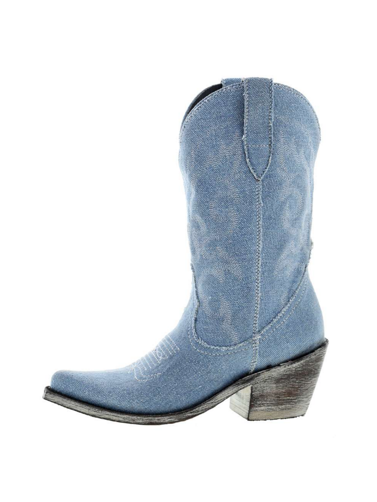 Blue Denim Snip-Toe Embroidery Wide Mid Calf Cowgirl Boots