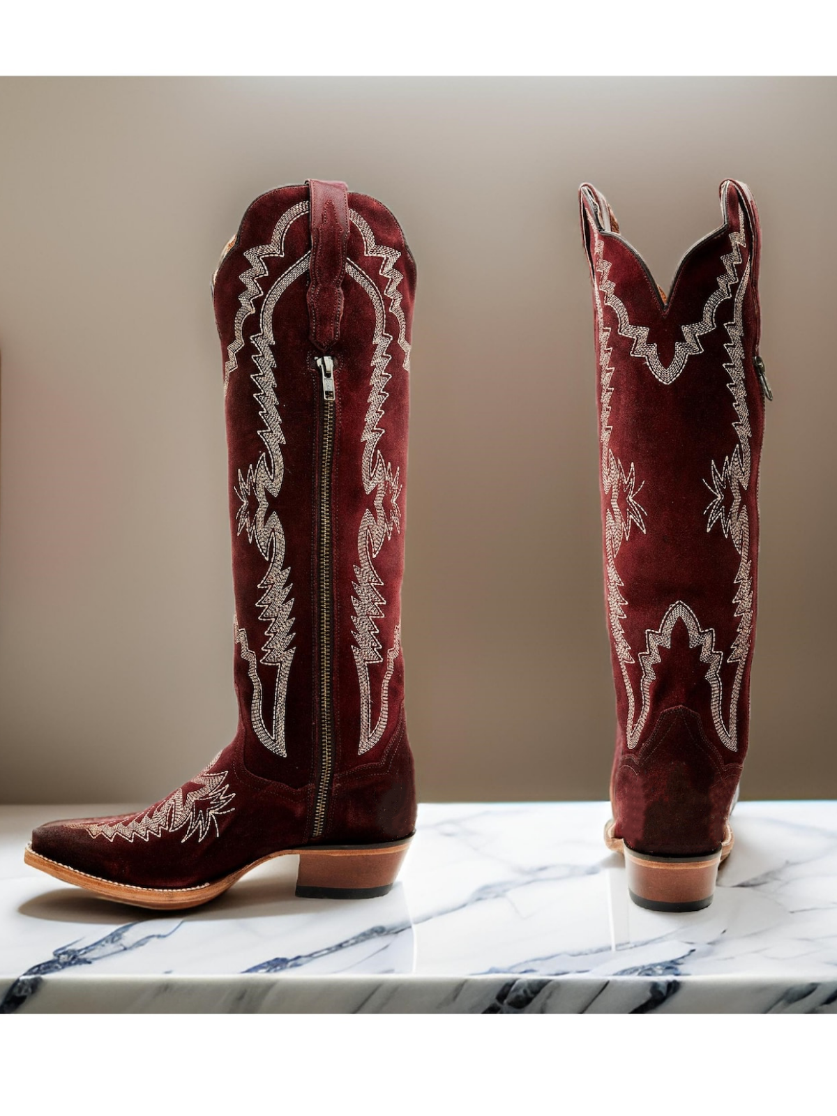 Red Embroidery Faux Suede Snip-Toe Zip Cowgirl Boots Knee High Tall Boots