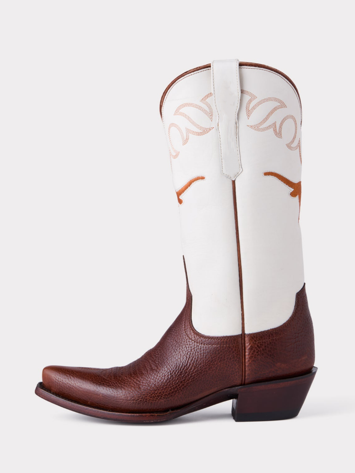 Contrast Chocolate And White Snip-Toe Longhorn Embroidery Wide Mid Calf Tall Cowgirl Boots