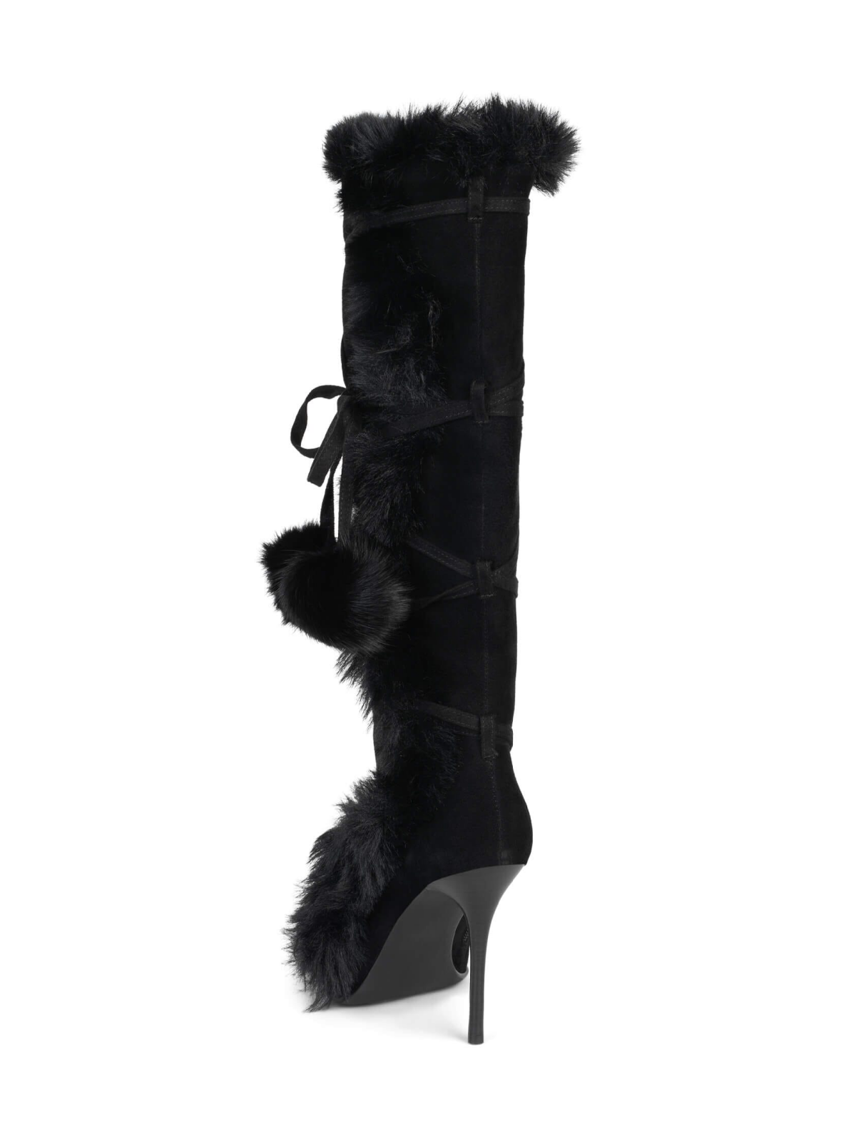 Black Faux Suede Pointed-Toe Full-Zip Mid Calf Stiletto Boots With Wrap-Around And Plush