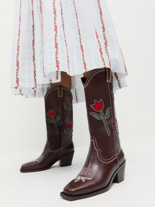 Espresso Brown Square-Toe Tulip Inaly Wide Mid Calf Cowgirl Boots