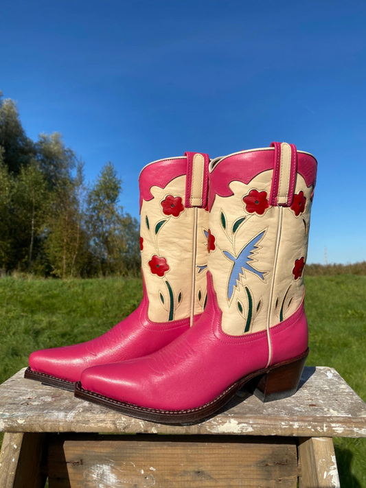 Contrast Pink And Beige Flowers Bird Inlay Mid Calf Cowgirl Boots