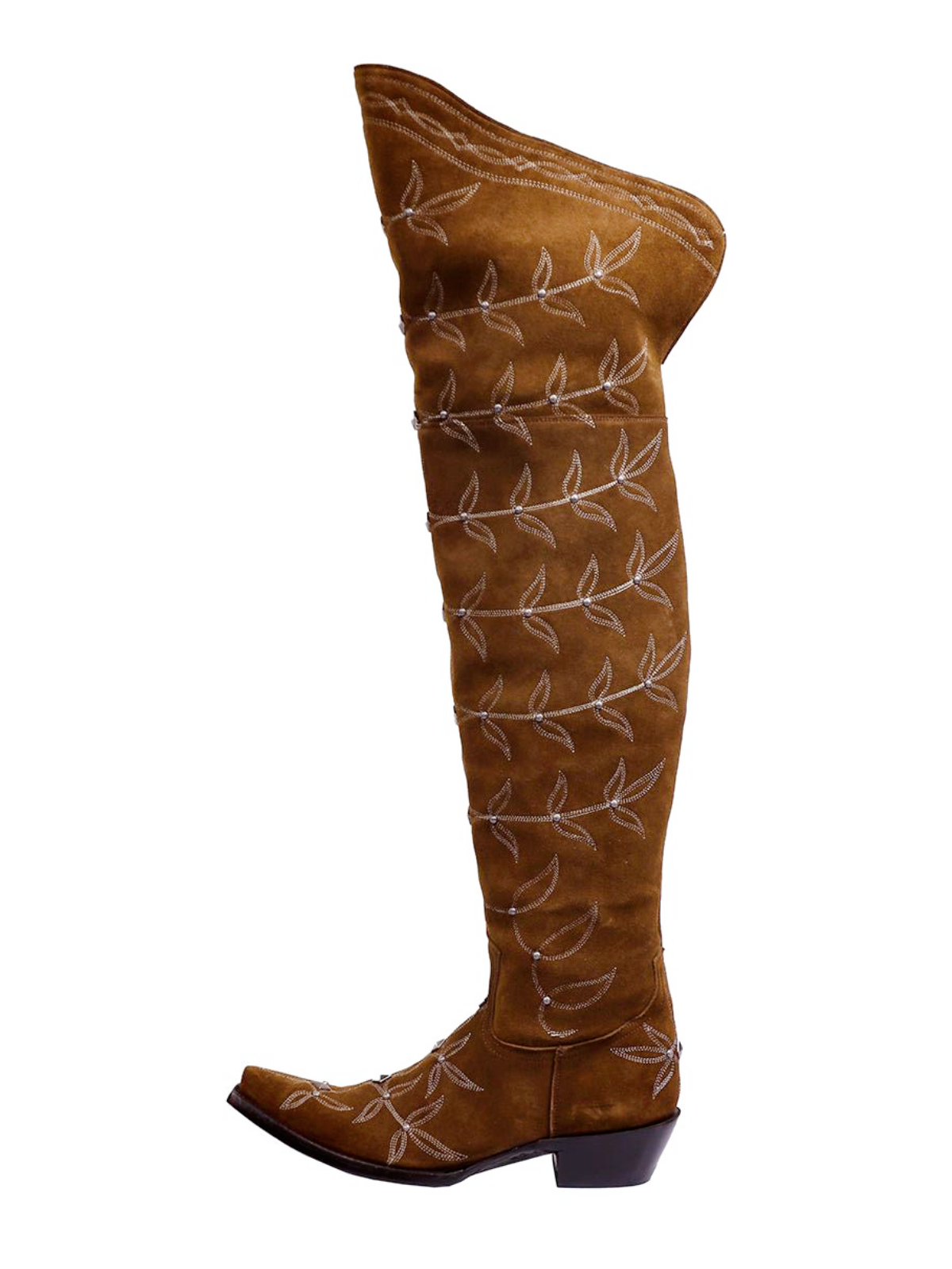 Brown Faux Suede Snip-Toe Studded Leaf Embroidery Half-Zip Over-The-Knee Cowgirl Boots