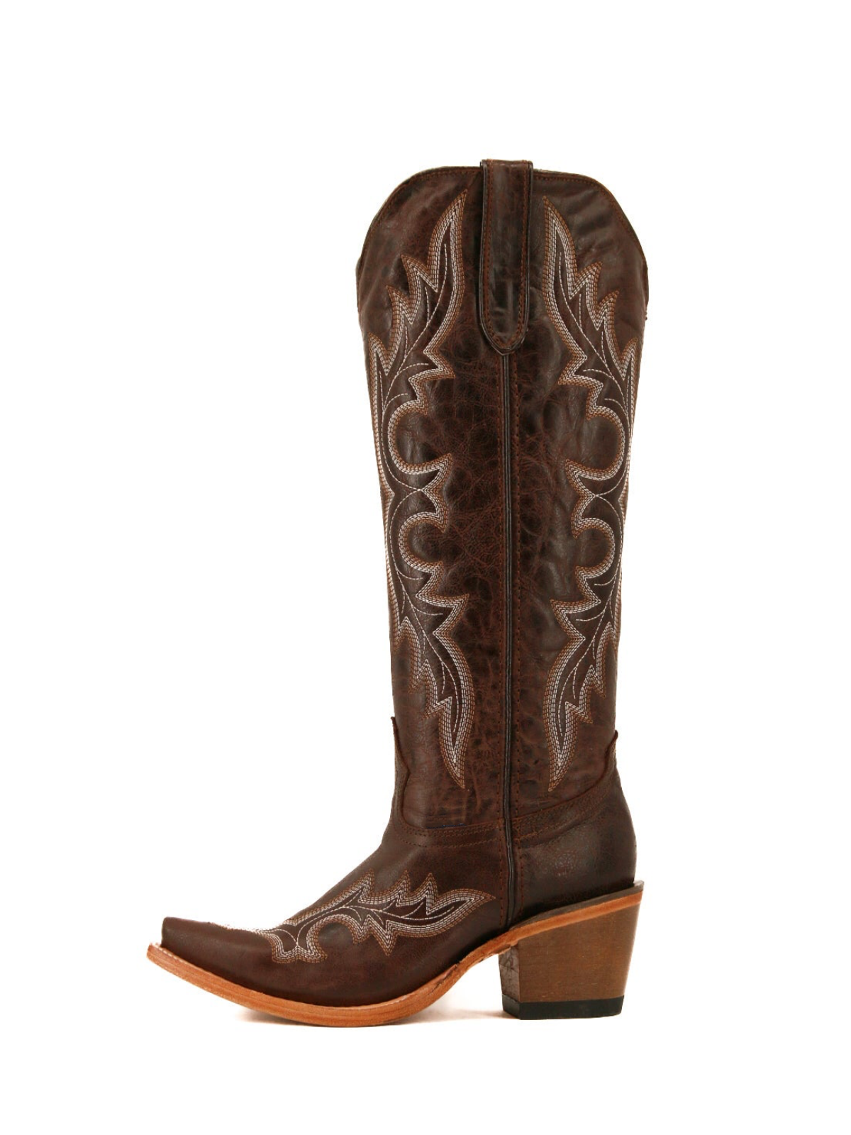 Distressed Brown Snip-Toe Half-Zip Classic Embroidery Knee High Tall Cowgirl Boots