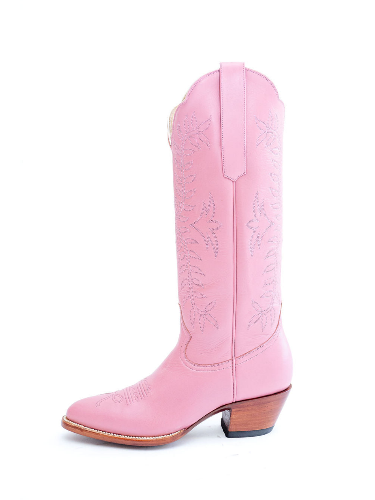 Leaves Embroidery Almond-Toe Wide Mid Calf Cowgirl Boots - Pink