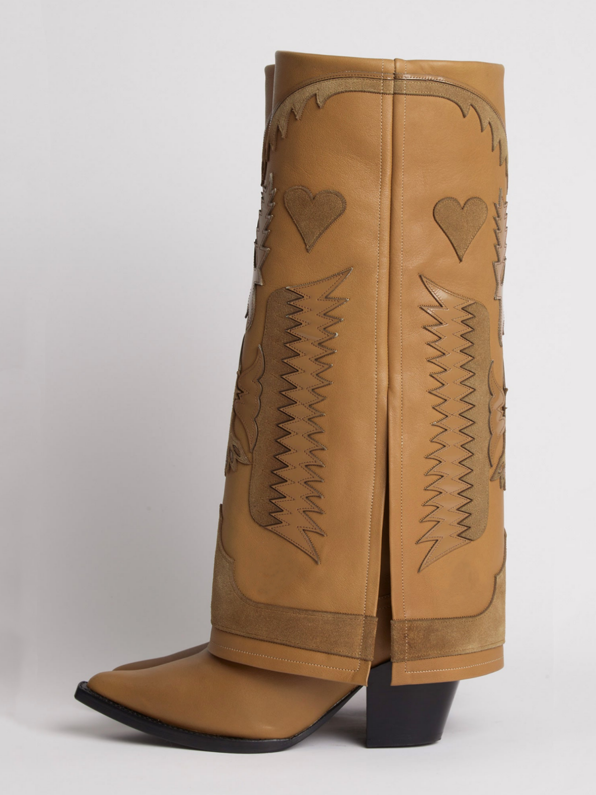 Fold-Over Panel Eagle And Heart Applique Snip-Toe Wide Mid Calf Boots - Camel