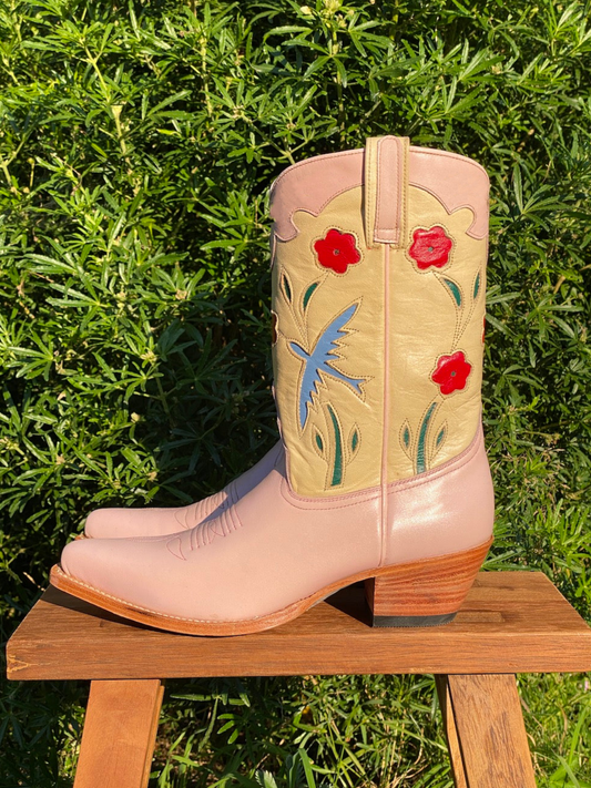 Contrast Blush Pink And Beige Snip-Toe Flowers Bird Inlay Wide Mid Calf Cowgirl Boots