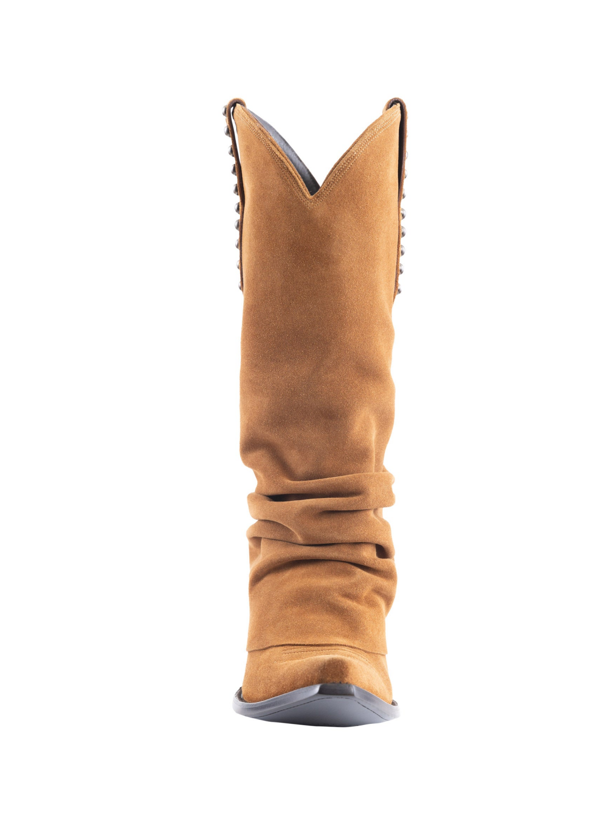 Tan Faux Suede Snip-Toe Studded Tall Wide Mid Calf Fold-Over Slouch Cowgirl Boots