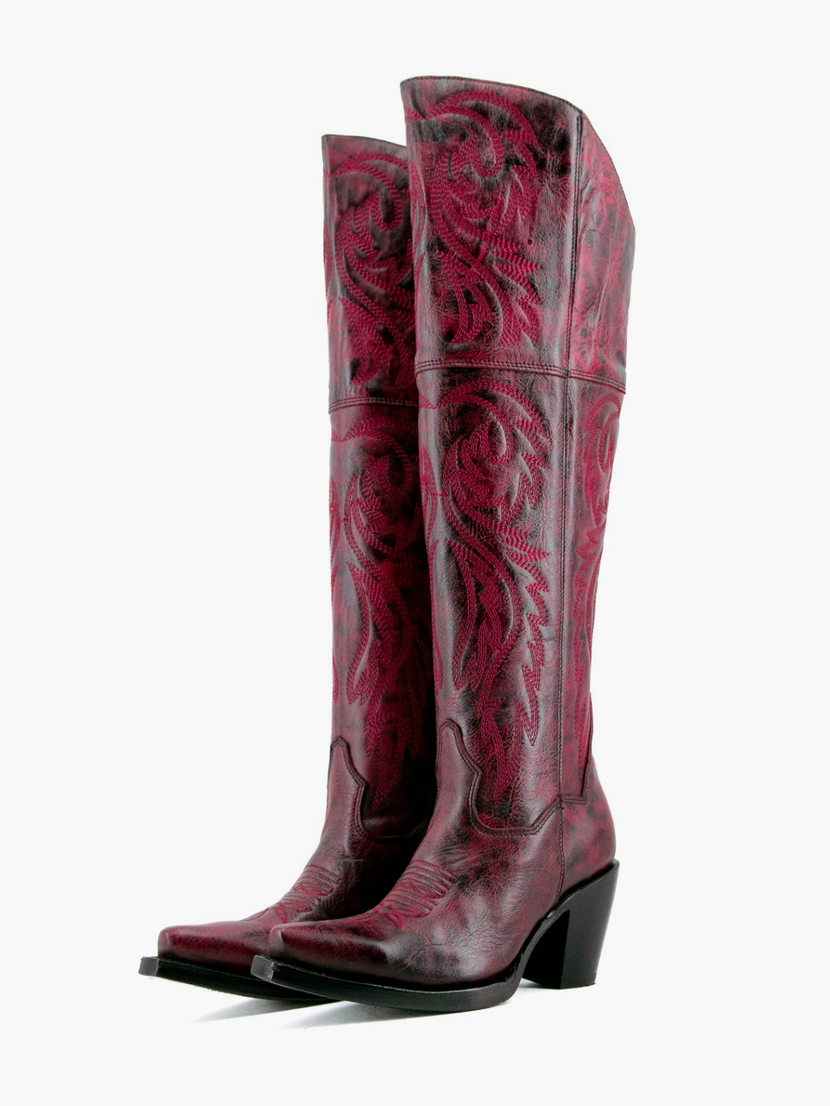 Distressed Snip-Toe Embroidery Tall Half-Zip Knee High Cowgirl Boots - Wine Red