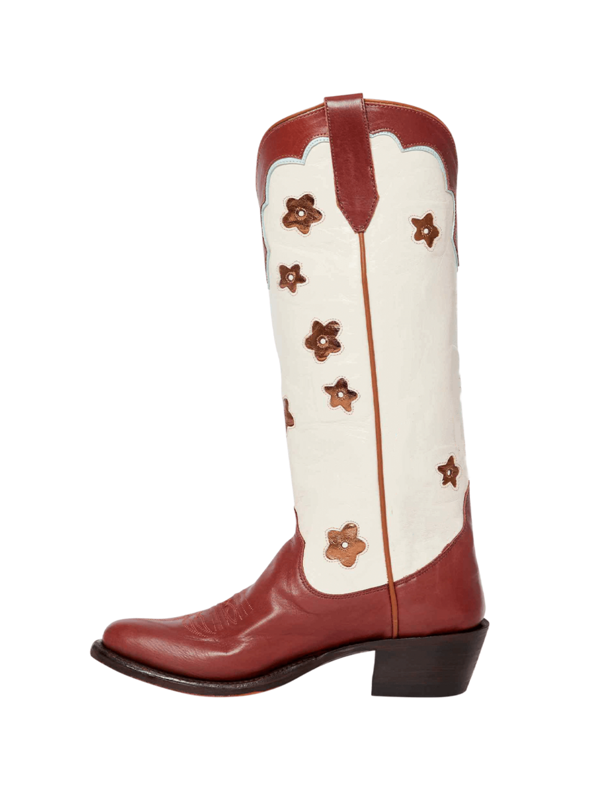 Contrast Caramel And Cream Round-Toe Metallic Flower Inlay Wide Mid Calf Cowgirl Boots