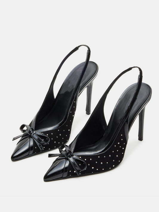 Black Contrast Patent Leather And Mesh Pointed-Toe Slingback Rhinestone Bow High Heels