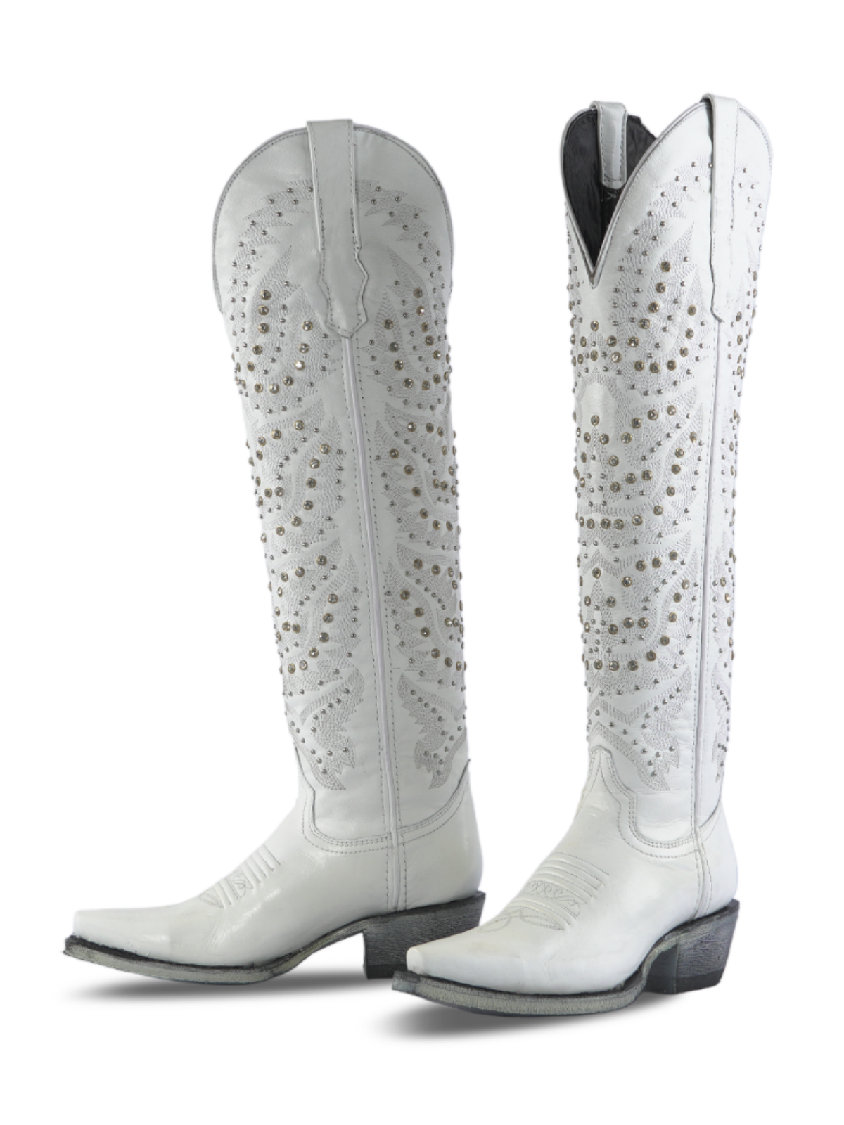 White Snip-Toe Embroidery Studded Rhinestone Wide Calf Over-The-Knee Cowgirl Boots