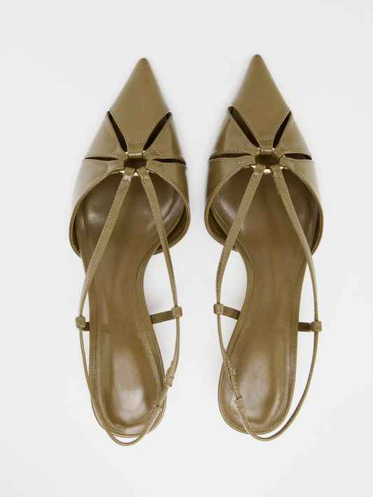 Khaki Green Pointed-Toe Front Strap Detail Slingback Kitten Heels
