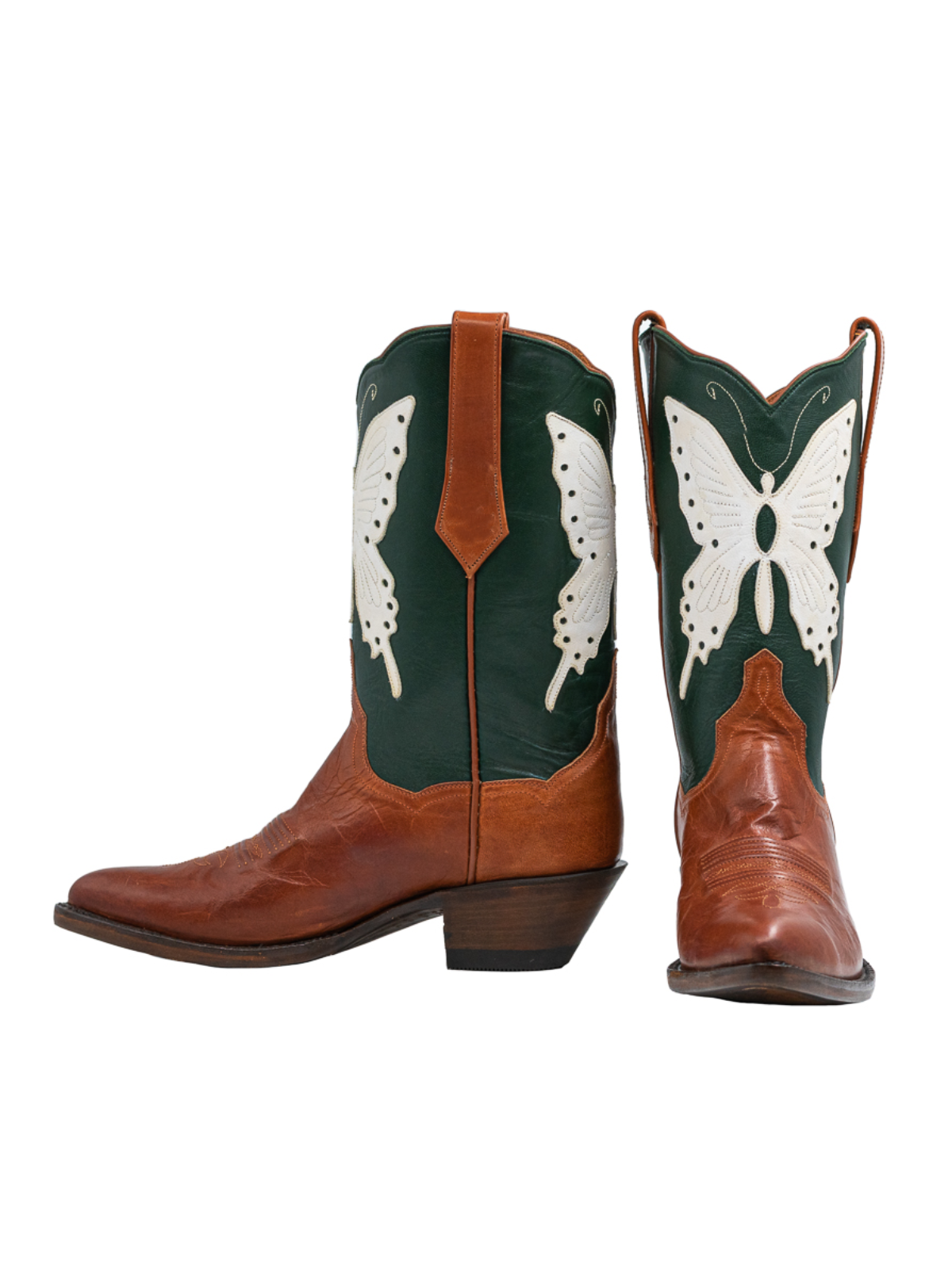 Contrast Brown And Green Pointed-Toe Wide Mid Calf Cowgirl Boots With White Butterfly Applique