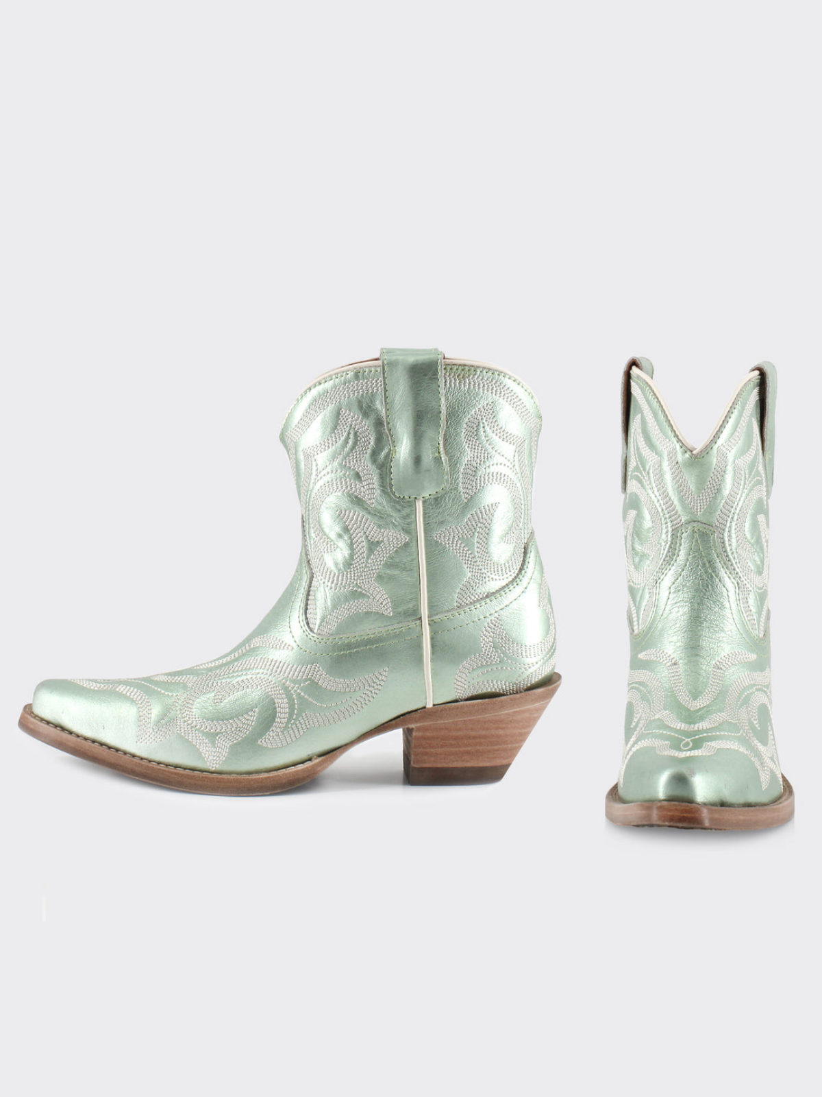 Embroidery Snip-Toe Wide Mid Calf Western Boots For Women - Metallic Mint Green