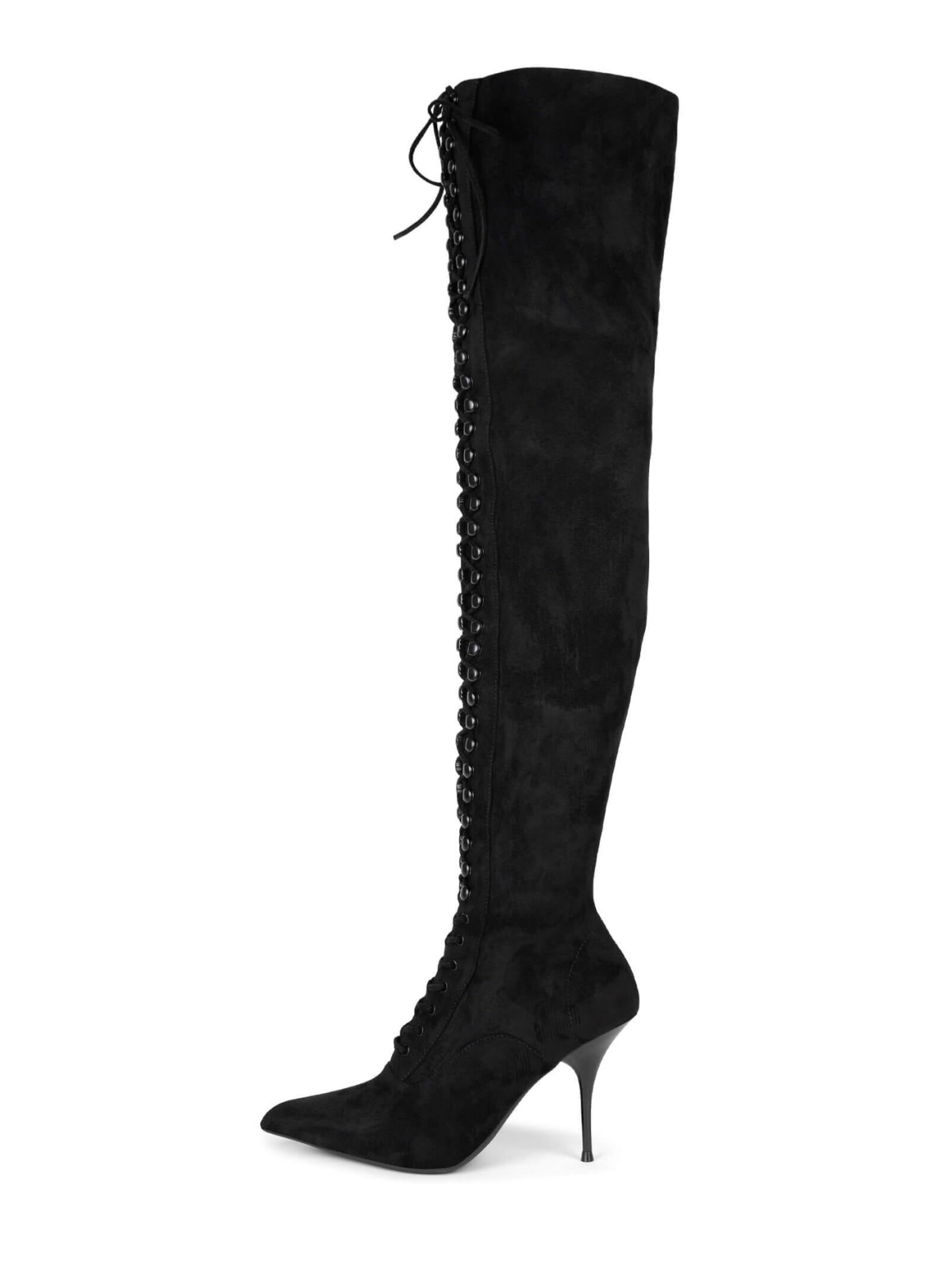 Black Stretch Faux Suede Pointed-Toe Half-Zip Lace-Up Over-The-Knee Stiletto Boots