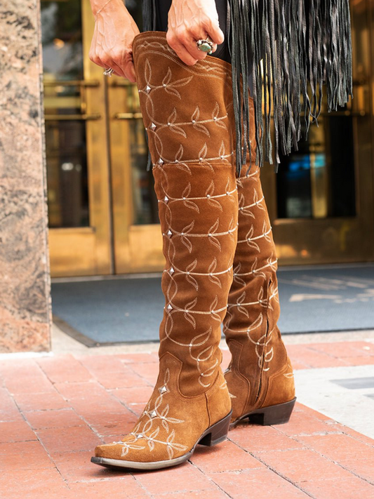 Brown Faux Suede Snip-Toe Studded Leaf Embroidery Half-Zip Over-The-Knee Cowgirl Boots