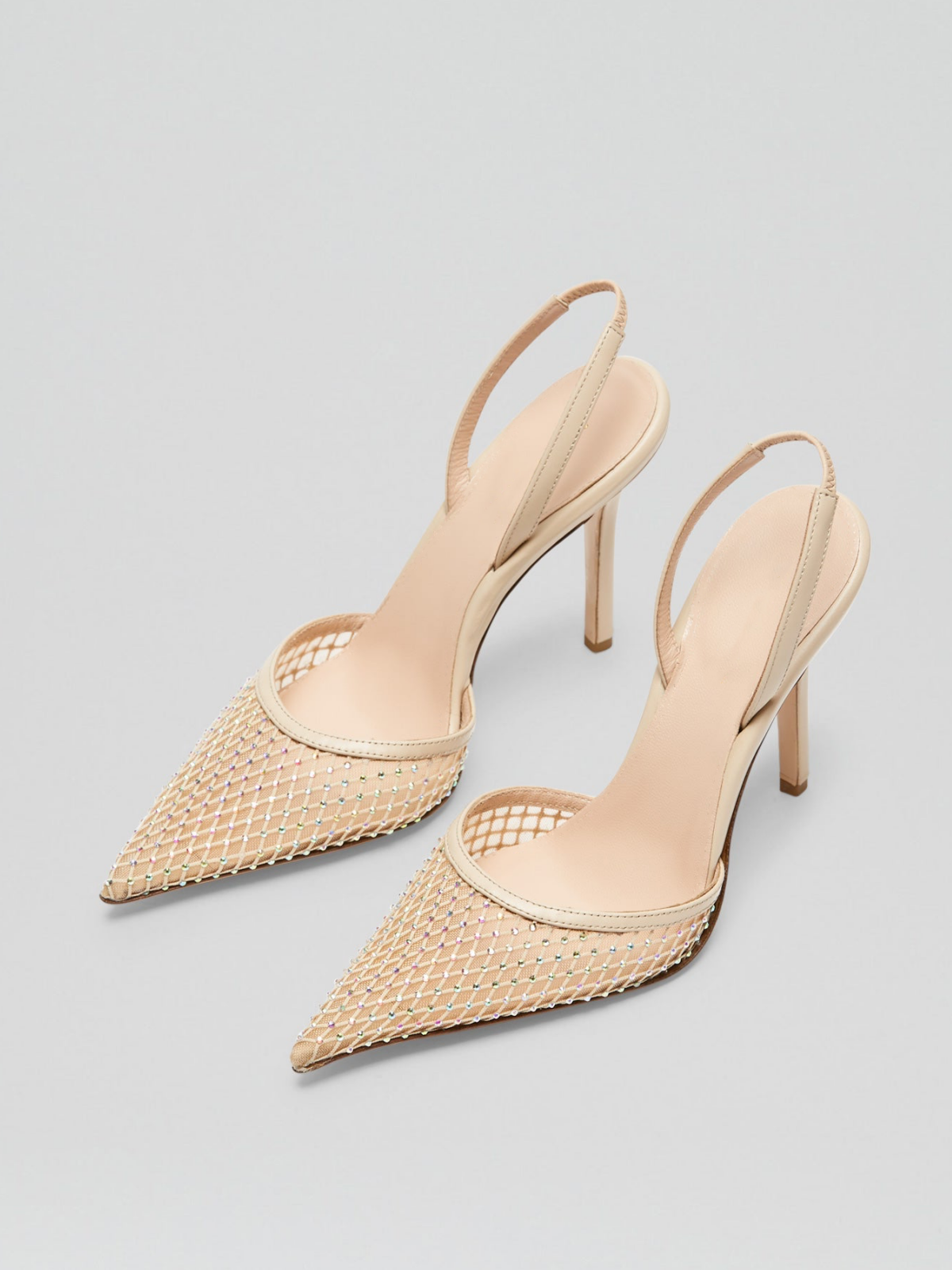 Nude Fishnest Iridescent Rhinestone Pointy Stiletto Slingback Pumps